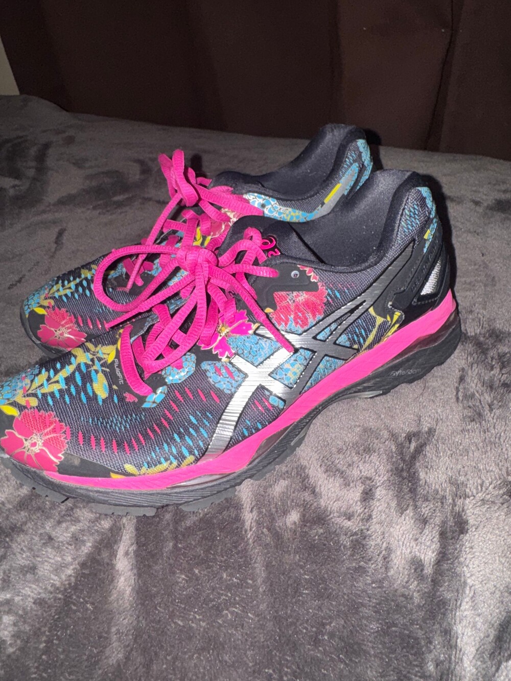 ASICS Running Shoes Size 6.5 Black Blue Pink Floral Pattern